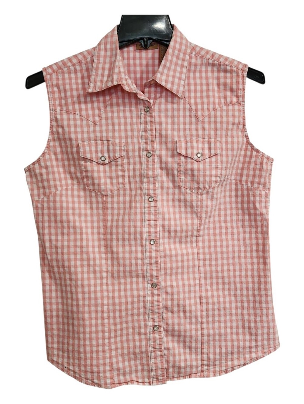 Wrangler Womens Shirt Pink  White Gingham Pearl Snap Sleeveless Sz L Western